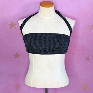 New We Wore What Tie Halter Bra Top Ribbed Knit Crop Top Charcoal Size Small New